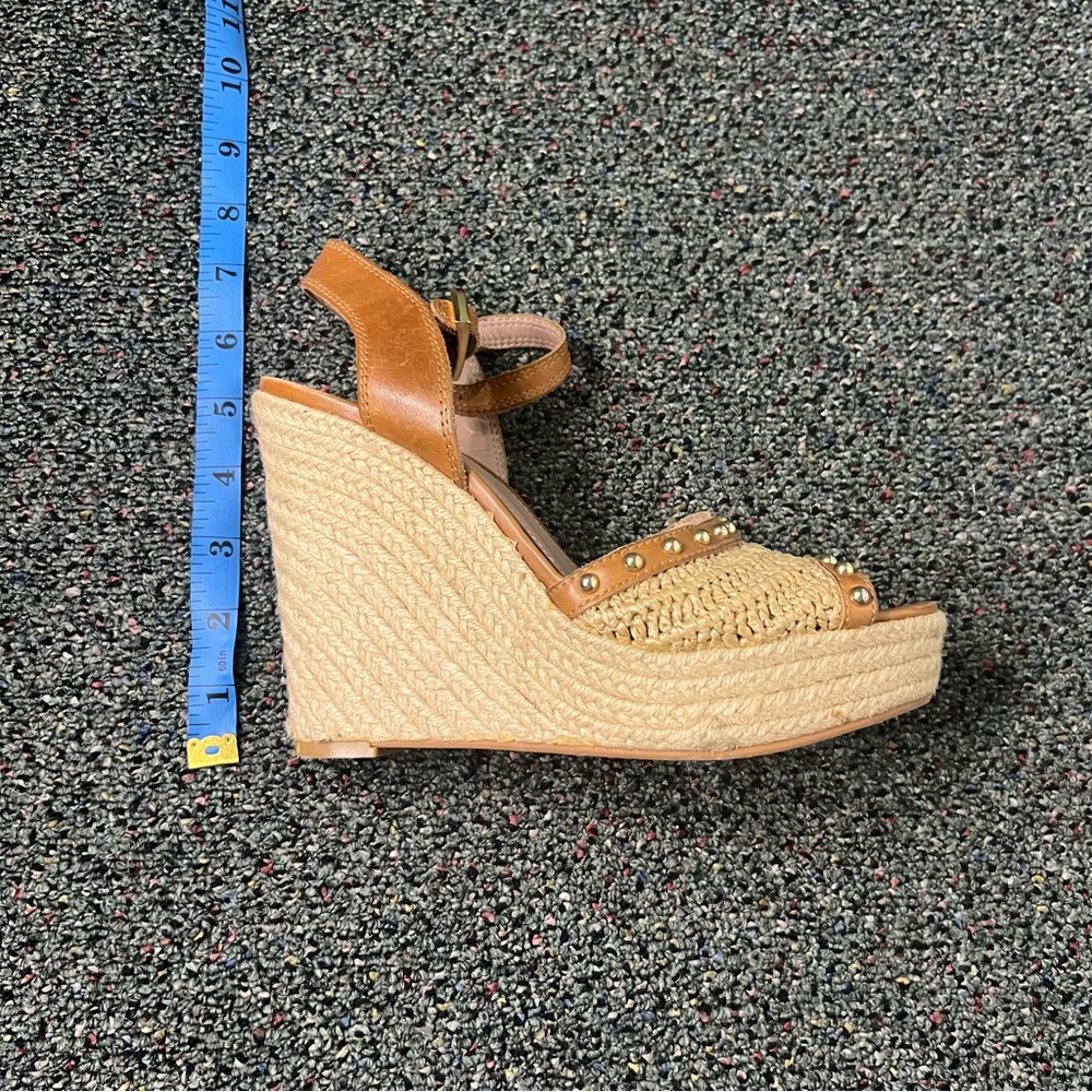 VINCE CAMUTO Neutral Brown & Cream Straw Open-Toe Stud Espadrilles Wedges Shoes - Picture 16 of 16